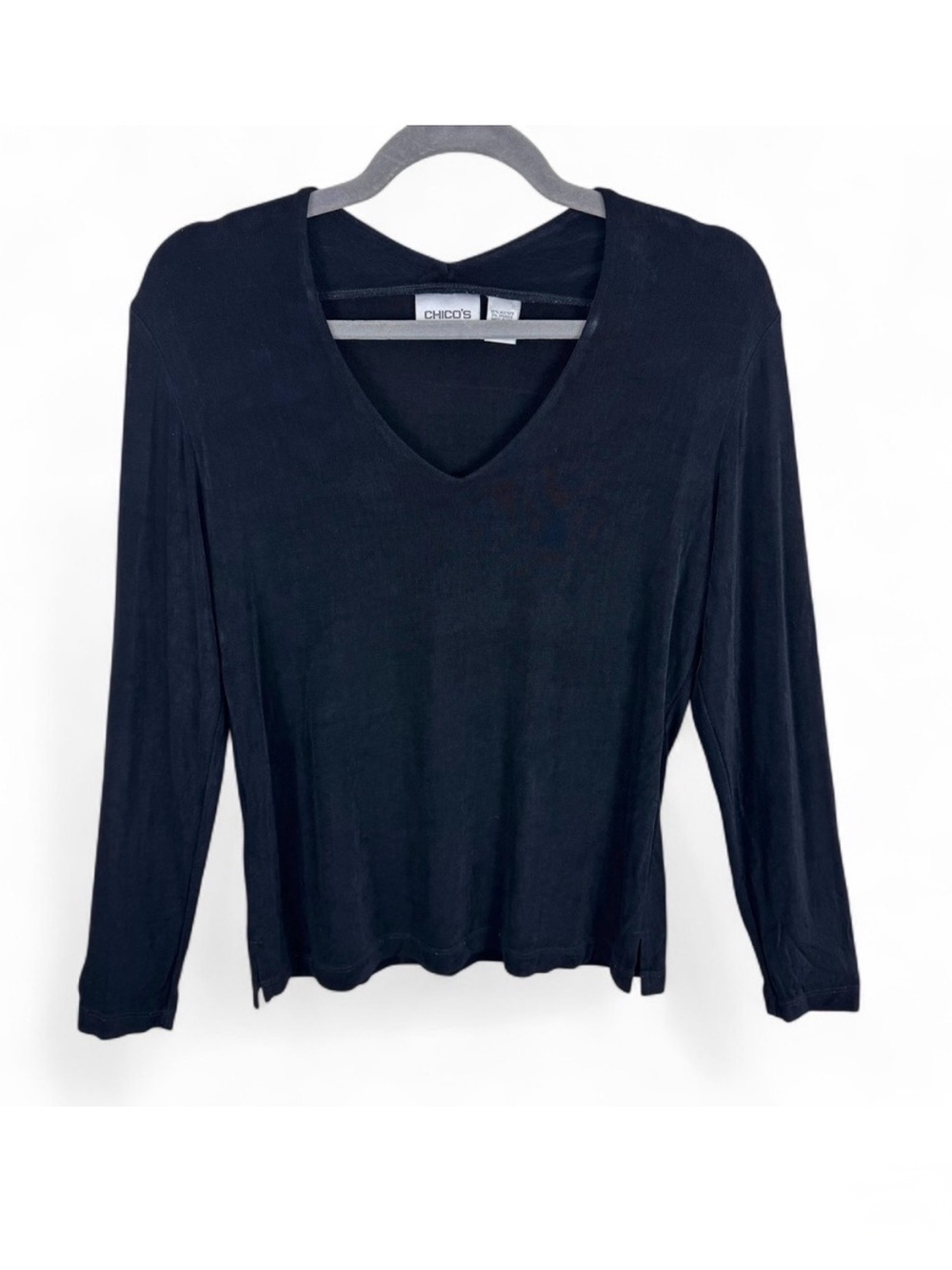 Chicos Travelers Black Long Sleeve V-Neck Top Size 1 Medium Wrinkle Resistant